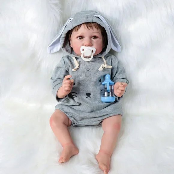 💫 Realistic Reborn Baby Dolls Grey Soft Vinyl Bunny Jumpsuit Birthday Gift Kids